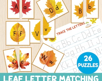 Leaf Letter Matching Game for Kids - Fall Alphabet Puzzle - Upper & Lowercase Letter Match, Autumn Preschool Activity, Letter Tracing Bonus