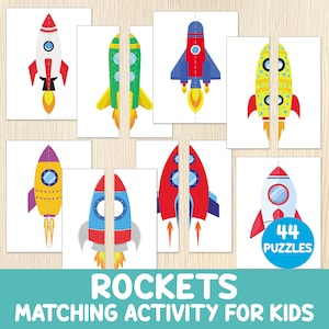 Raketmatchningsspel, Rymdmatchningsaktivitet, Pussel för småbarn och förskola, Universum, Vetenskapscenter, Raketer, Raketskepp, Symmetrispel