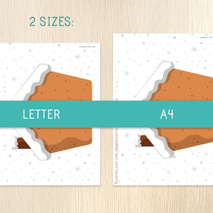 May include: Two prints featuring a gingerbread house design with white icing and a bite taken out. The prints are labeled "Letter" and "A4" sizes, with the text "2 SIZES:" above. The background has a light blue snowflake pattern.