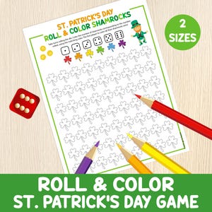 May include: A printable St. Patrick's Day game for kids. The game includes a sheet with shamrocks to color and a die. The instructions say to roll the die and color the corresponding number of shamrocks in the matching color. The first player to color all their shamrocks wins.