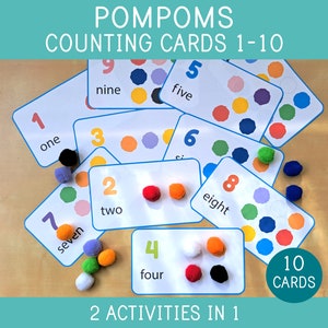 Counting and Color Activity with Pompoms,  Numbers 1-10, Matching Colors, Toddler, Preschool Math, Fine Motor Skills, Educational Printable