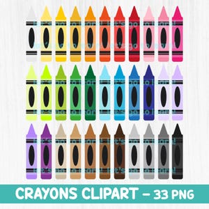 Paquete de imágenes prediseñadas de crayones: imágenes prediseñadas de suministros para manualidades, útiles escolares, recursos para docentes, archivos PNG, regreso a clases, juego de crayones, 33 colores