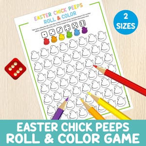 May include: Printable Easter game for kids featuring chick peeps. The game includes a printable game board with chick peeps to color and a die. The game instructions are "Take turns rolling the die. Color the number of chick peeps corresponding to the number rolled, using the matching color. The first player to color all their chick peeps wins!"