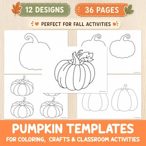 Può includere: Una raccolta di modelli di zucca stampabili con 12 design distinti su 36 pagine. I fogli mostrano illustrazioni al tratto in bianco e nero di varie forme di zucca, inclusi contorni e disegni dettagliati con steli e foglie.