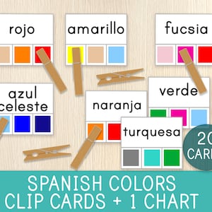 Spanish Color Words Clip Cards and Chart, Spanish Classroom, Montessori Style, Preschool, Kindergarten Activity, First Grade, 20 Colors
