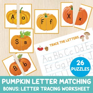 Pumpkin Letter Matching Game - Fall Alphabet Puzzles - Upper & Lowercase Letter Match - Autumn Preschool Activity - Letter Tracing Bonus