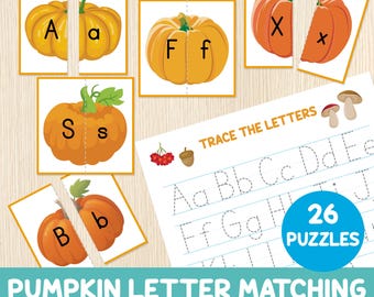 Pumpkin Letter Matching Game - Fall Alphabet Puzzles - Upper & Lowercase Letter Match - Autumn Preschool Activity - Letter Tracing Bonus