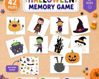 May include: A printable Halloween memory game featuring 42 pairs of cards with colorful illustrations of pumpkins, a vampire, a witch, a haunted house, a ghost, and a cauldron. The set includes backing paper and instructions for printing and cutting.