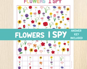 Juego "Veo veo" de flores, actividad de conteo, juego imprimible de fiesta de primavera, busca y encuentra, números, preescolar, jardín de infantes, centros de matemáticas, hoja de trabajo
