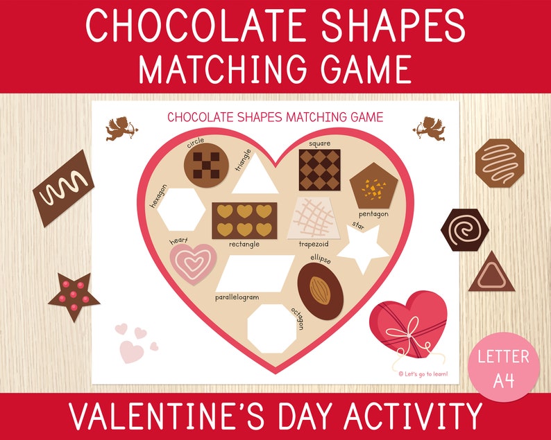 Valentine's Day Matching Game, Chocolate Shapes Matching Activity, 2D Shapes Learning, Preschool Centers, Kindergarten, Math, Busy Book Page image 1