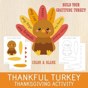 Thankful Turkey Craft - Build a Thanksgiving Turkey - Gratitude Turkey - Give Thanks Kids Activity - Cut & Paste a Turkey - Printable DIY