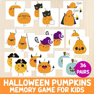 May include: A Halloween-themed memory game for kids featuring illustrated orange pumpkins with various costumes and expressions. The game includes 36 pairs of cards. The text "Halloween Pumpkins Memory Game for Kids" is displayed.