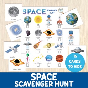 Búsqueda del tesoro espacial con cartas - Búsqueda del tesoro del universo en interiores y exteriores - Actividad para niños pequeños, preescolar, jardín de infancia, espacio exterior, vocabulario