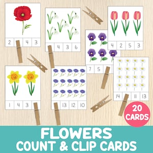 Tarjetas para contar y recortar flores, números del 1 al 20, actividad de conteo, juego de primavera, matemáticas preescolares, motricidad fina, flores, centros, imprimible