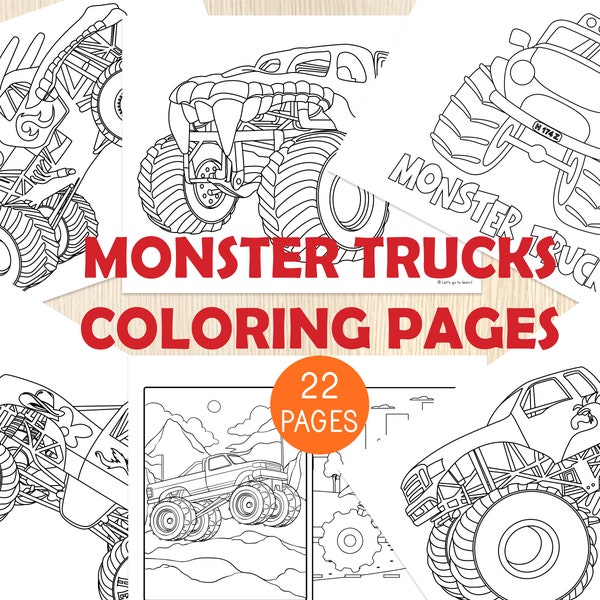 Monster Trucks Coloring Pages, 22 Sheets, Birthday Party Activity, Party Favors, Amazing Boys Printable Coloring Pages, DIGITAL