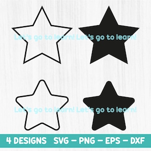 Könnte beinhalten: Vier Sterndesigns in Schwarz und Weiß, einschließlich umrissener und ausgefüllter Versionen. Der Text "Let's go to learn!" wird wiederholt. Der untere Teil des Bildes lautet "4 DESIGNS SVG - PNG - EPS - DXF".