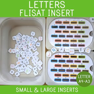 Actividad de clasificación de letras: inserto Flisat, mesa Flisat, tapa de contenedor Trofast, insertos Flisat imprimibles pequeños y grandes, mesa sensorial, alfabeto