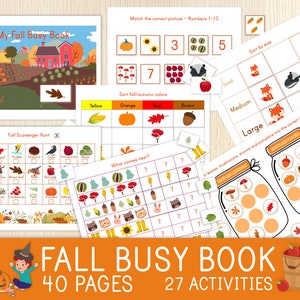 Fall Busy Book - Autumn Worksheets - Preschool, Kindergarten, Homeschool - Literacy, Crafts, Math, Tracing - Back to School