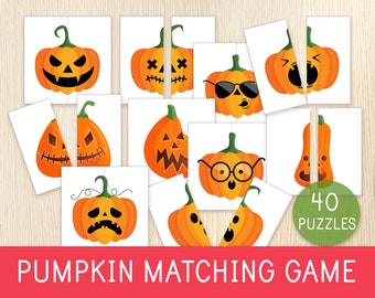 Puede incluir: Un juego de emparejar con temática de Halloween con piezas de rompecabezas de calabaza naranja, cada una con una cara tallada diferente. El juego incluye 40 rompecabezas. Texto: "Pumpkin Matching Game".