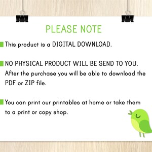 K&ouml;nnte beinhalten: Ein wei&szlig;er Hintergrund mit gr&uuml;nem Text, der "PLEASE NOTE" lautet. Der Text darunter lautet "Dieses Produkt ist ein DIGITALER DOWNLOAD. ES WIRD KEIN PHYSIKALISCHES PRODUKT AN SIE GESENDET. Nach dem Kauf k&ouml;nnen Sie die PDF- oder ZIP-Datei herunterladen. Sie k&ouml;nnen unsere Ausdrucke zu Hause ausdrucken oder sie in einen Druck- oder Kopierladen bringen."