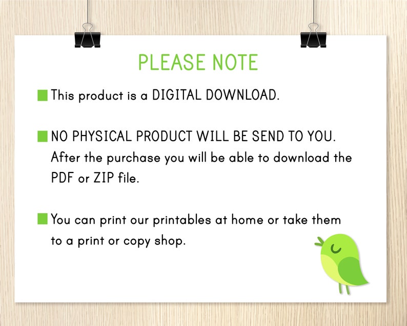 K&ouml;nnte beinhalten: Ein wei&szlig;er Hintergrund mit gr&uuml;nem Text, der "PLEASE NOTE" lautet. Der Text darunter lautet "Dieses Produkt ist ein DIGITALER DOWNLOAD. ES WIRD KEIN PHYSIKALISCHES PRODUKT AN SIE GESENDET. Nach dem Kauf k&ouml;nnen Sie die PDF- oder ZIP-Datei herunterladen. Sie k&ouml;nnen unsere Ausdrucke zu Hause ausdrucken oder sie in einen Druck- oder Kopierladen bringen."