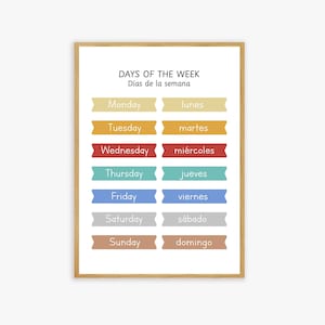 Dagen van de week poster in het Engels en Spaans, tweetalige poster, klaslokaal en woondecoratie, kunst aan de muur, kleuterschool, Spaanse woordenschat, EFL, ESL