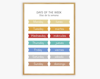 Poster dei giorni della settimana in inglese e spagnolo, poster bilingue, decorazione per aula e casa, decorazione murale, scuola materna, vocabolario spagnolo, EFL, ESL