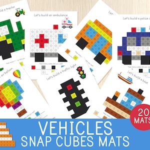 Fahrzeuge Snap Cubes Mats, Transporte, Verbindungswürfel, Vorschule, Kindergartenspiel, Mathezentren, Feinmotorik, Lerndrucke