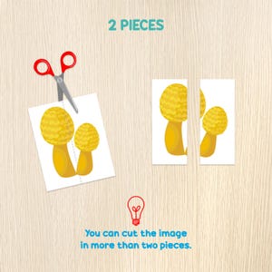 May include: A visual puzzle featuring a pair of yellow mushroom illustrations on white rectangles. Red scissors are positioned above the image, suggesting a cutting activity. Text reads "2 PIECES" and "You can cut the image in more than two pieces."