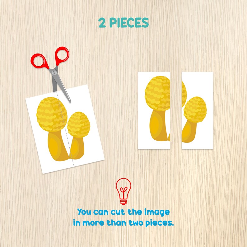May include: A visual puzzle featuring a pair of yellow mushroom illustrations on white rectangles. Red scissors are positioned above the image, suggesting a cutting activity. Text reads "2 PIECES" and "You can cut the image in more than two pieces."