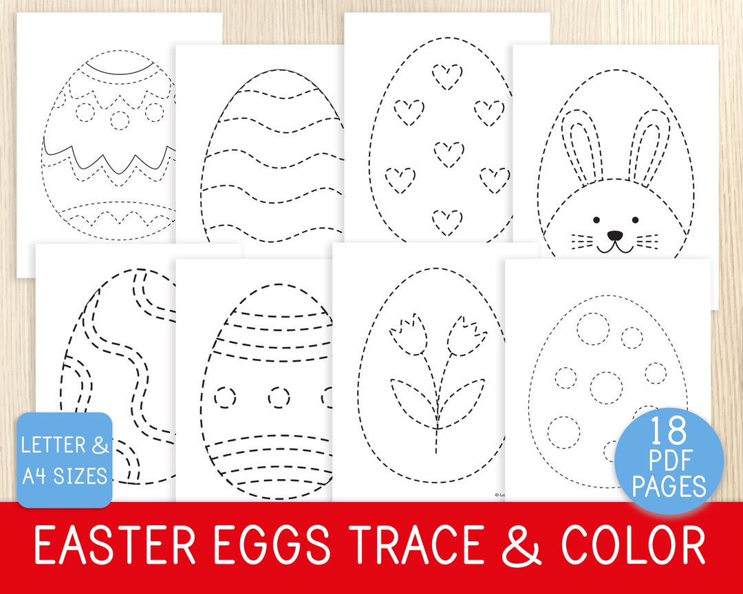 Easter Eggs Trace & Color Worksheets, 18 Coloring Pages, Easter Kids