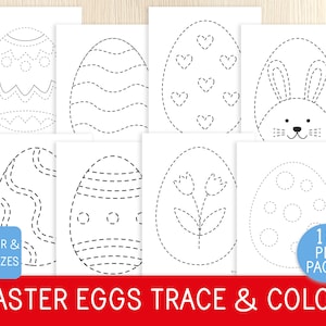 May include: 18 printable pages of Easter egg tracing and coloring activities. Each page features a different design, including hearts, flowers, and a bunny rabbit.  The pages are designed for letter and A4 sizes.