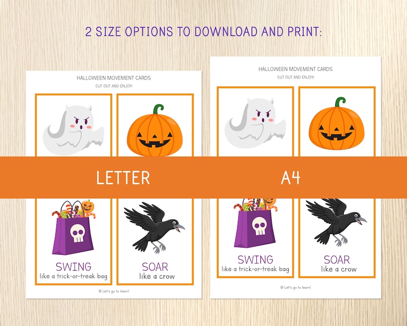 K&ouml;nnte beinhalten: Halloween-Bewegungskarten mit Illustrationen von Geist, K&uuml;rbis, S&uuml;&szlig;igkeitent&uuml;te und Kr&auml;he. Der Text lautet "SWING like a trick-or-treat bag" und "SOAR like a crow". Erh&auml;ltlich in zwei Gr&ouml;&szlig;en zum Herunterladen und Drucken.