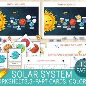 Feuilles de travail sur le système solaire - kit d'apprentissage - planètes - cartes, page à colorier, pages de livres chargées - préscolaire, maternelle, première année - sciences