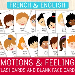 Flashcards sur les émotions en français et en anglais et cartes-éclair vierges, cartes-éclair bilingues, 32 cartes, sentiments, préscolaire, maternelle