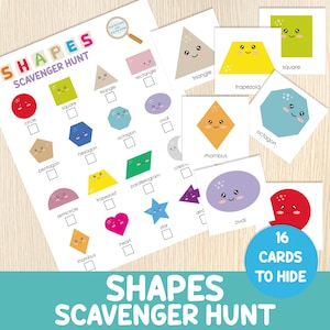 May include: A colorful shapes scavenger hunt game with a worksheet and 16 cards. The worksheet features various shapes like circles, squares, and triangles, with check boxes. The cards show shapes with smiling faces. The text says "Shapes Scavenger Hunt".