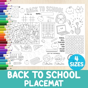 May include: Black and white placemat with a "Back to School" theme. Features mazes, color-by-number, word search, and other activities. Includes text: "Back to School Placemat", "4 Sizes", and a list of school-related words.