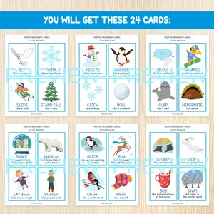 Puede incluir: Un conjunto de 24 tarjetas de movimientos de invierno con ilustraciones y texto. Cada tarjeta presenta una actividad con tem&aacute;tica invernal, como "Vuela como un b&uacute;ho de nieve" o "Camina como un ping&uuml;ino". Las tarjetas son para ni&ntilde;os.