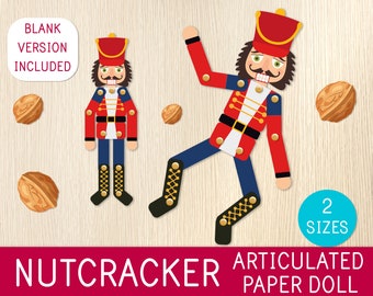 May include: A printable paper doll of a nutcracker soldier with red, white, and blue clothing. The doll is articulated at the shoulders, elbows, hips, and knees. The image includes the text "Nutcracker Articulated Paper Doll" and "2 Sizes".