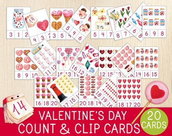 Valentine's Day Count and Clip Cards, Numbers 1-20, Valentine Activity, Counting Flashcards, Preschool Activity, Math Game, Learn to Count