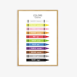 Colors Poster in English & Spanish, Bilingual Printable Poster, Classroom and Home Decor, Wall Art, Spanish Vocabulary, Centers, Educational