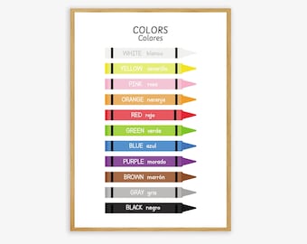 Colors Poster in English & Spanish, Bilingual Printable Poster, Classroom and Home Decor, Wall Art, Spanish Vocabulary, Centers, Educational