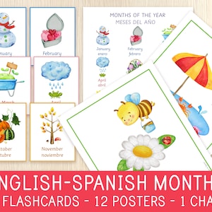 Flashcards de meses em inglês e espanhol - pôsteres e gráficos - recurso bilíngue - vocabulário em espanhol - jardim de infância - educação domiciliar - PDF para impressão