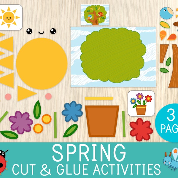 Spring Cut & Glue Activities, Spring Worksheets, Paper Crafts for Kids, Preschool, Kindergarten,First Grade, Scissor Skills,Cutting Practice