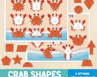 Crab Shape Matching Activity, 2D Shapes, Summer Busy Book Pages, Preschool, Kindergarten, Sea Animals Educational Game, Math Worksheets