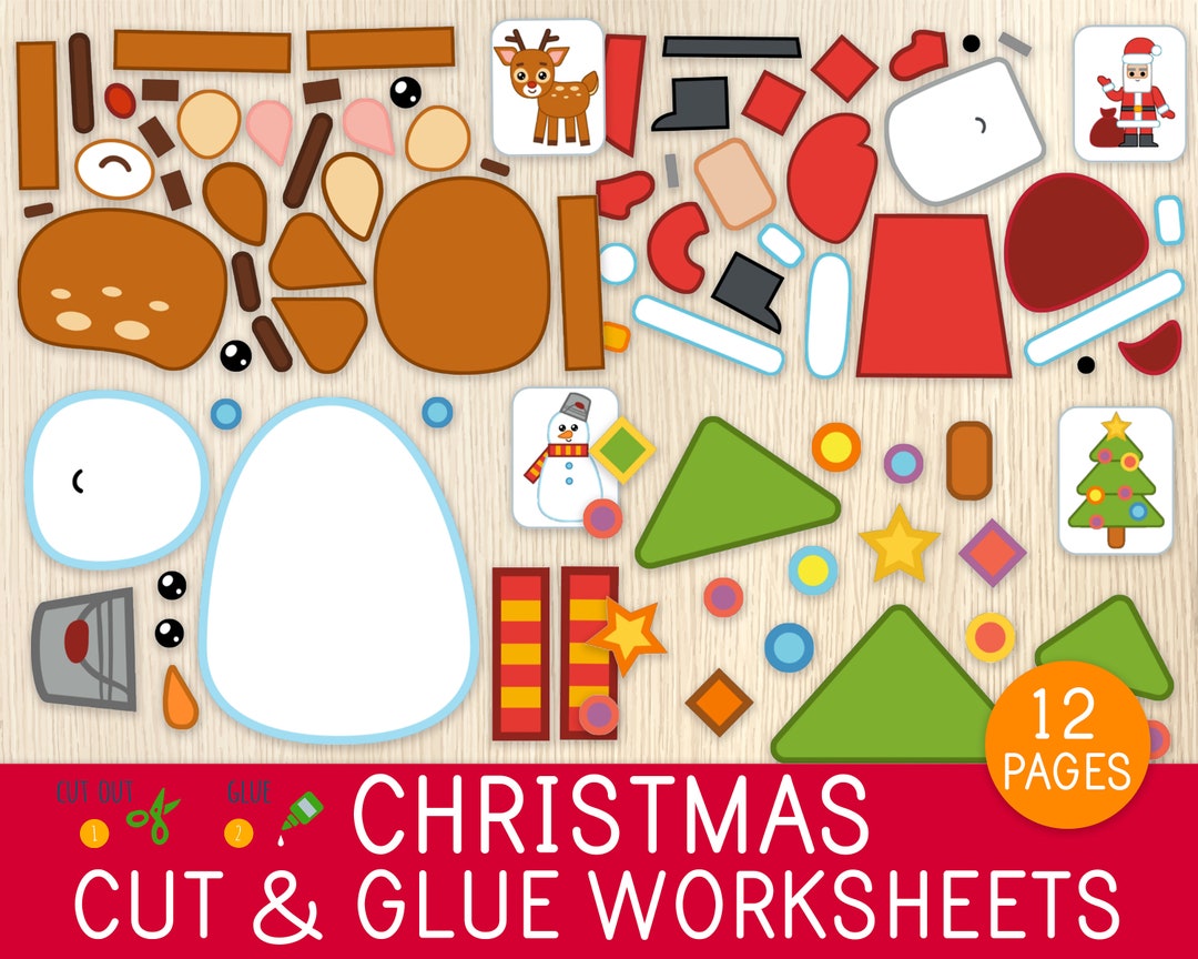 Christmas Cut & Glue Worksheets, 12 Activity Pages, Cut and Paste