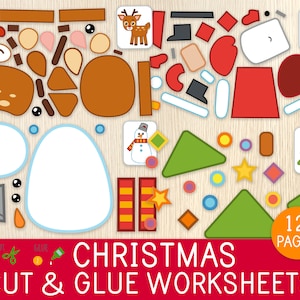 May include: A collection of Christmas-themed cut-and-glue worksheets. The image features various shapes and illustrations of a reindeer, snowman, Santa Claus, and Christmas tree, along with the text "Christmas Cut & Glue Worksheets".