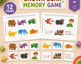Brown Bear Memory Game  — 12 Matching Cards — Storybook Animals Preschool Activity — Classroom & Homeschool Game