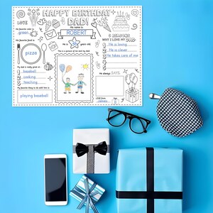 May include: A printable birthday card for a dad with a drawing space for a child to draw a picture of themself and their dad. The card has a space for the child to write their dad's name, age, and 5 reasons why they love their dad. The card also has a space for the child to write what their dad is good at, their favorite thing to do with their dad, and what their dad always says. The card is decorated with hearts, cupcakes, and balloons.