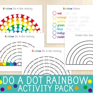 May include: A printable activity pack for kids featuring rainbow-themed dot-to-dot activities. The pack includes four pages with different rainbow designs, including a color chart and a blank page for creating your own rainbow.